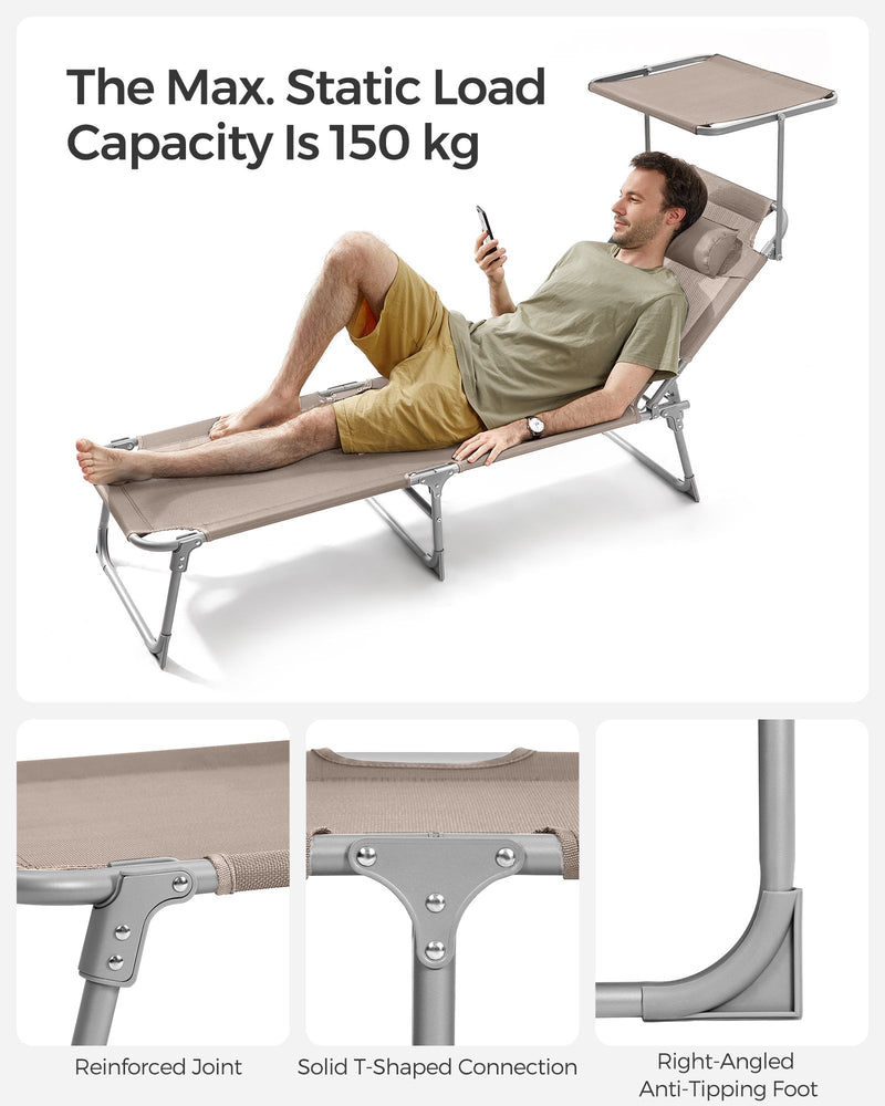 Folding Sun Lounger With Adjustable Sunshade & Lightweight Frame in Taupe by SONGMICS Songmics