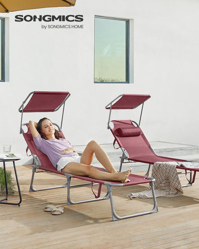 Folding sun lounger with adjustable sunshade and steel frame by SONGMICS Songmics