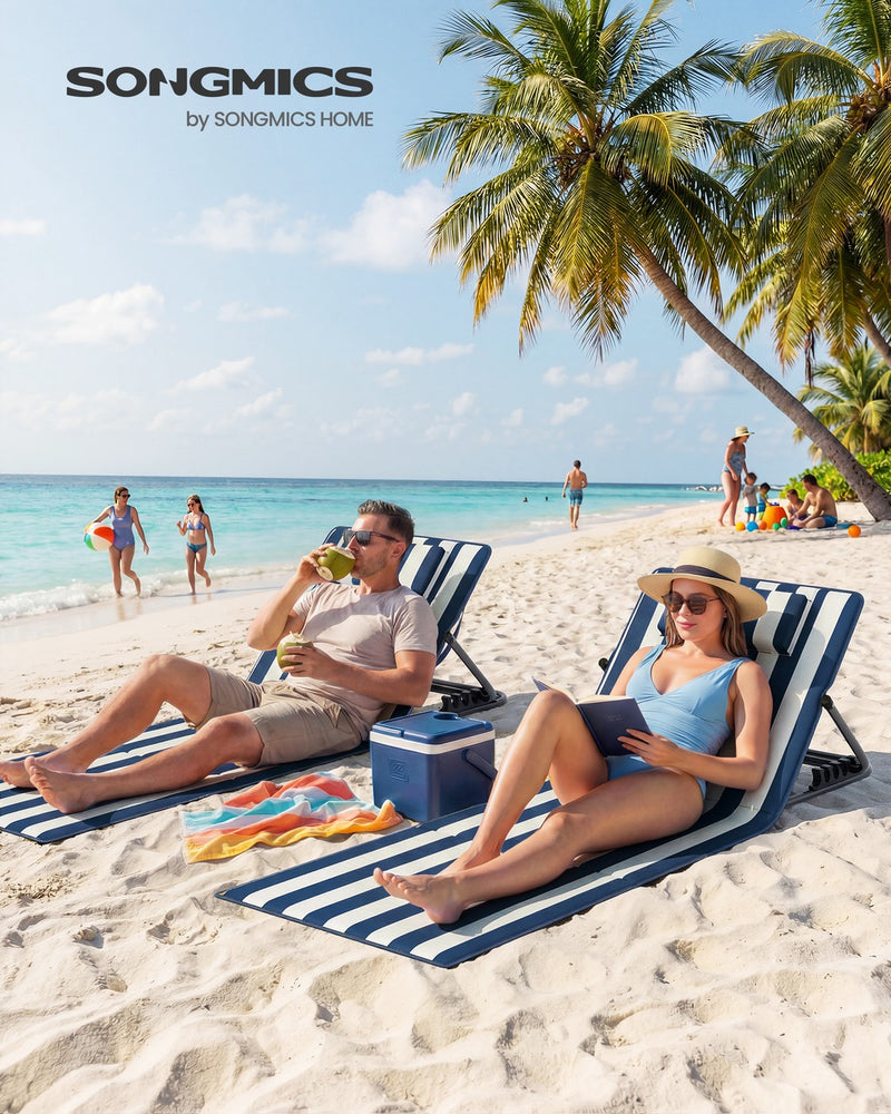 Folding Beach Loungers Galvanised Steel Frame 2-Pack Blue & White by SONGMICS Songmics