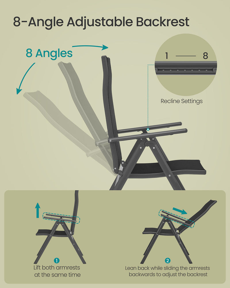 Set of 2 Black Folding Garden Chairs with Heavy Duty Aluminium Frame by Songmics