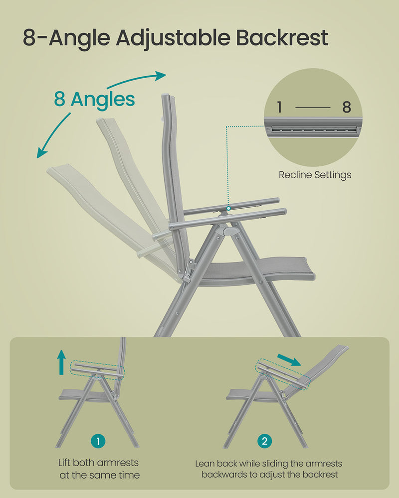 Set of 2 Grey Folding Garden Chairs with Heavy Duty Aluminium Frame by Songmics