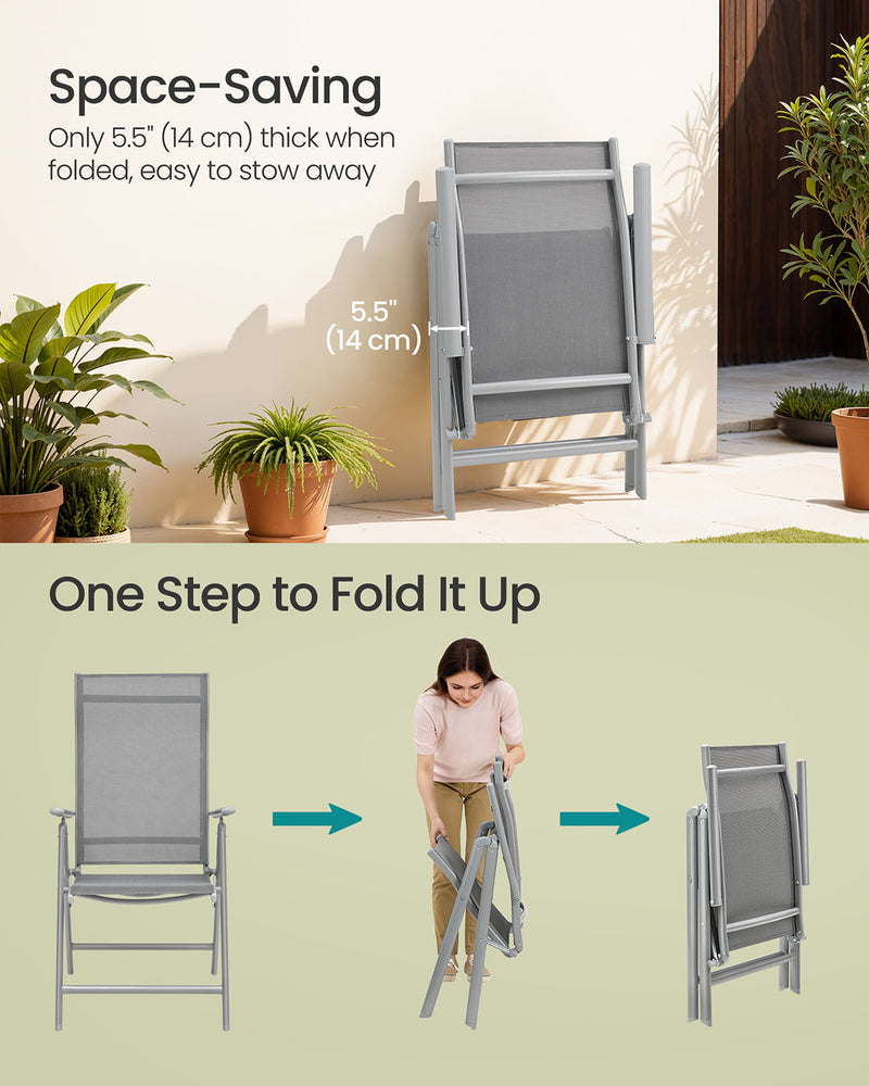 Set of 2 Grey Folding Garden Chairs with Heavy Duty Aluminium Frame by Songmics