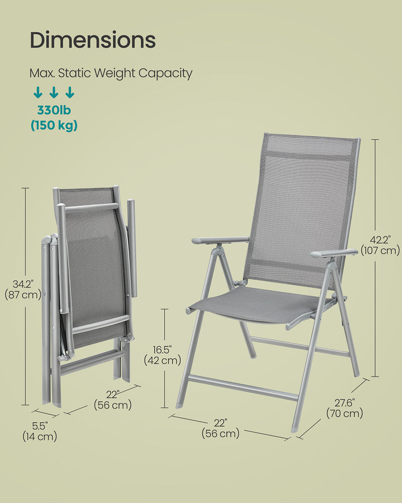 Set of 2 Grey Folding Garden Chairs with Heavy Duty Aluminium Frame by Songmics