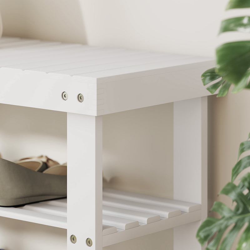 Two Shelf Bamboo Shoe Storage Bench With Seat Ideal For Hallway Or Entryway White AOSOM