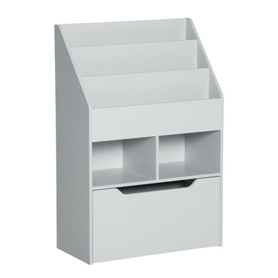 Kids Bookshelf and Toy Organiser with Storage Drawer and Wheels for Playroom, Grey