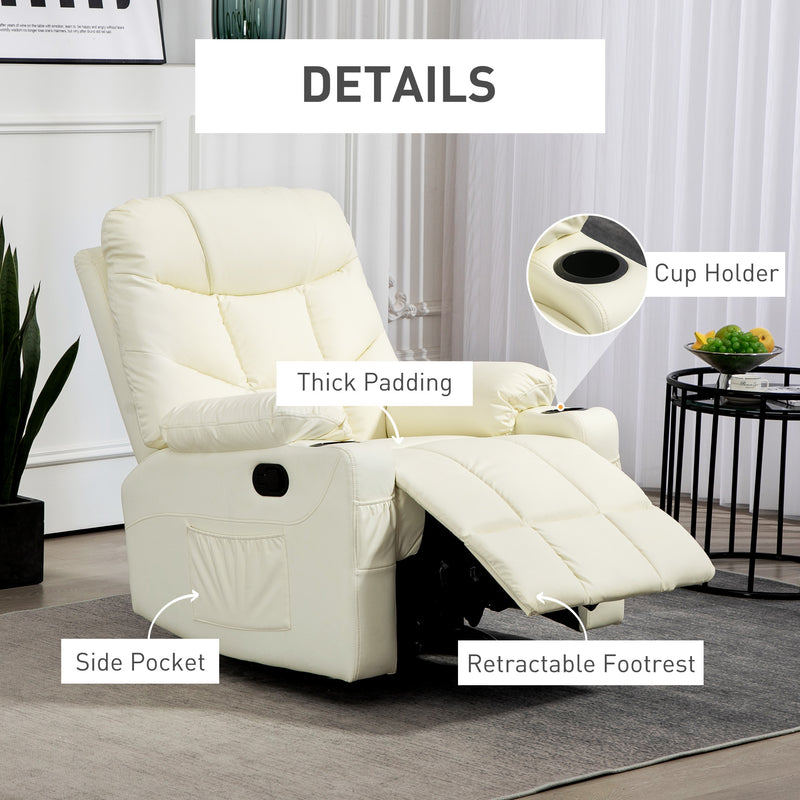 Manual Reclining Swivel Armchair With Footrest And Cup Holders For Lounge Use, Cream