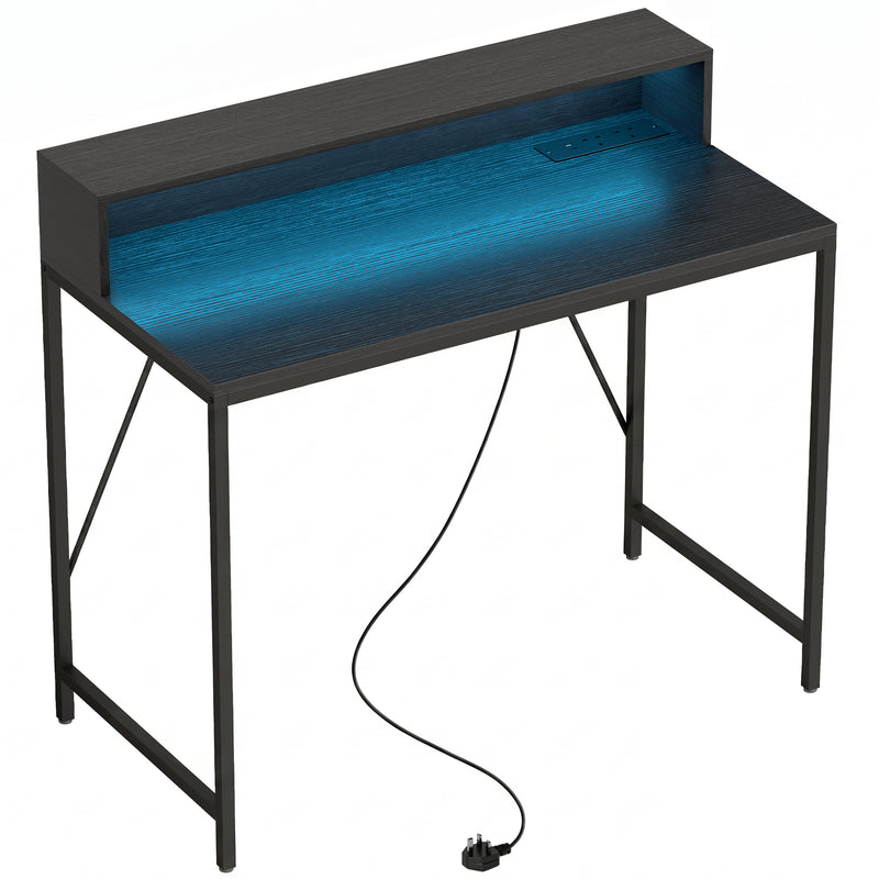Computer Desk With Built-In Charging and RGB LED Lighting for Organised Home Workspace Black Wood-Effect