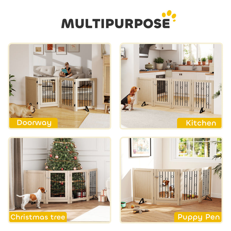 4 Panel Freestanding Pet Gate with Lockable Door and Support Feet for Indoor Use Oak AOSOM