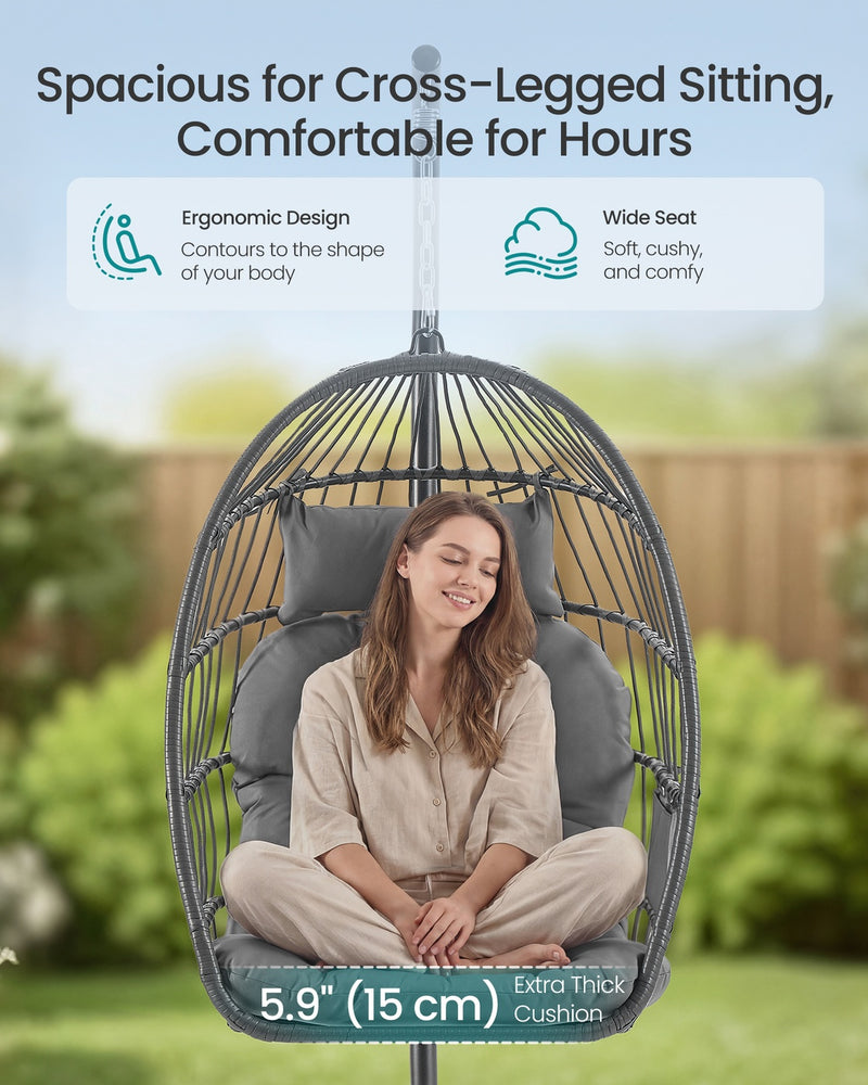 Hanging Egg Chair With Steel Stand, Comfy Cushions & Foldable Basket by Songmics Songmics