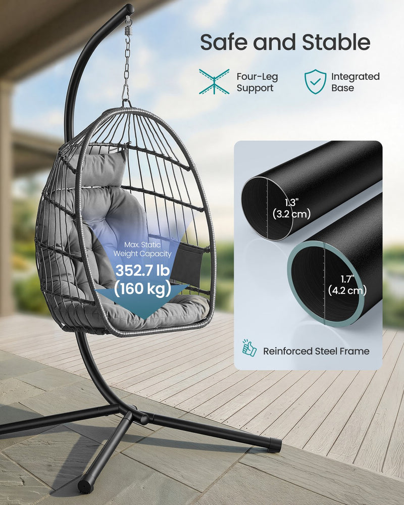 Hanging Egg Chair With Steel Stand, Comfy Cushions & Foldable Basket by Songmics Songmics
