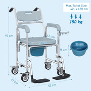 Shower Commode Chair with Lockable Wheels and Arms for Elderly or Disabled Use Grey AOSOM