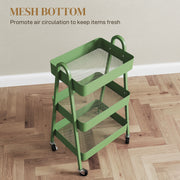 Green Three Tier Rolling Storage Trolley with Wheels and Organiser Shelves