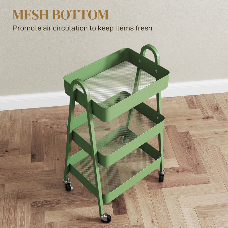 Green Three Tier Rolling Storage Trolley with Wheels and Organiser Shelves