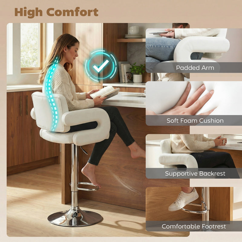 Adjustable Bar Stools with Padded Armrests for Kitchen Island or Breakfast Bar Set of 2 White AOSOM