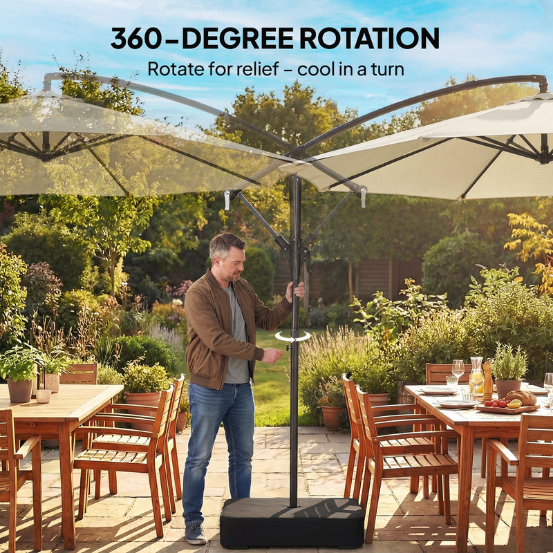 3m Beige Cantilever Umbrella For Patio with Base - 360 Degree Shade - Top Vent - Crank Handle
