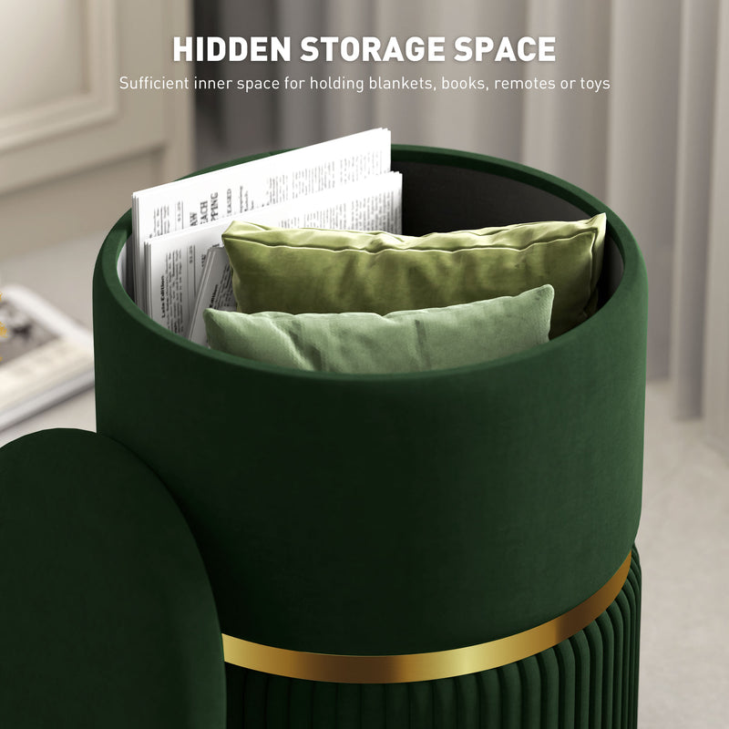 Green Velvet Feel Round Storage Ottoman with Padded Seat by HOMCOM