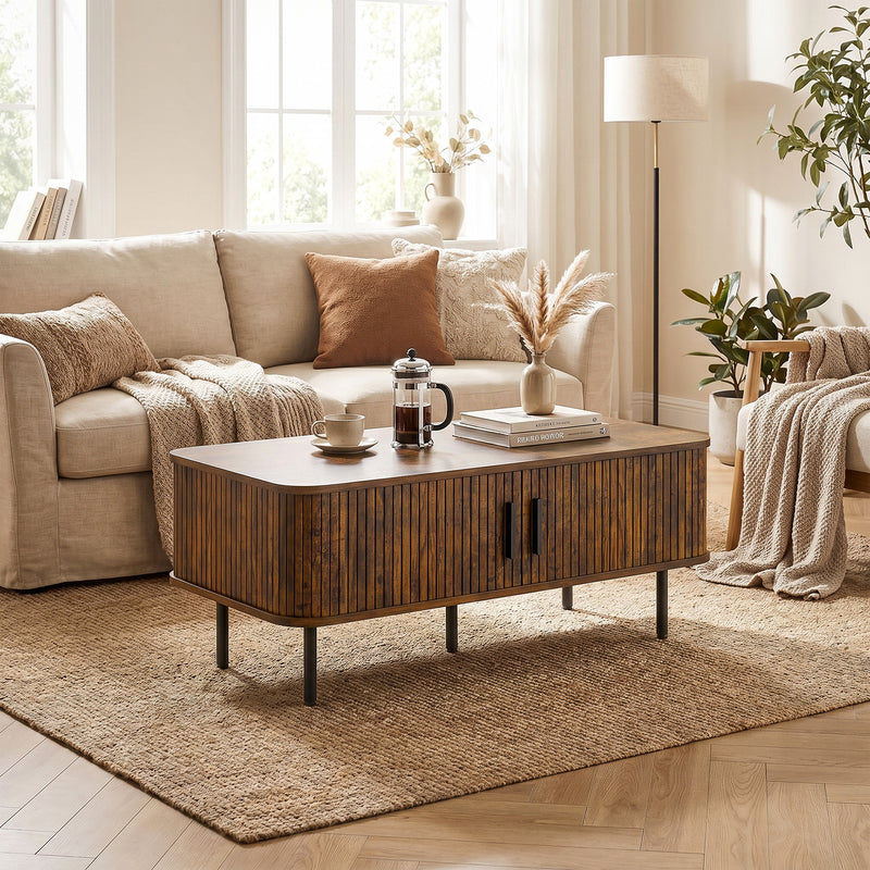 Coffee Table With Sliding Doors for Easy Living Room Storage Rustic Brown Black