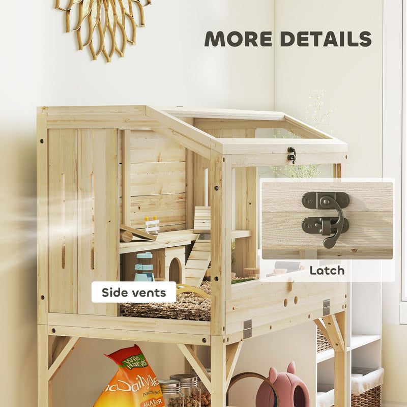 2 Tier Wooden Hamster Cage With Shelves and Easy Access Top for Small Pets Natural AOSOM