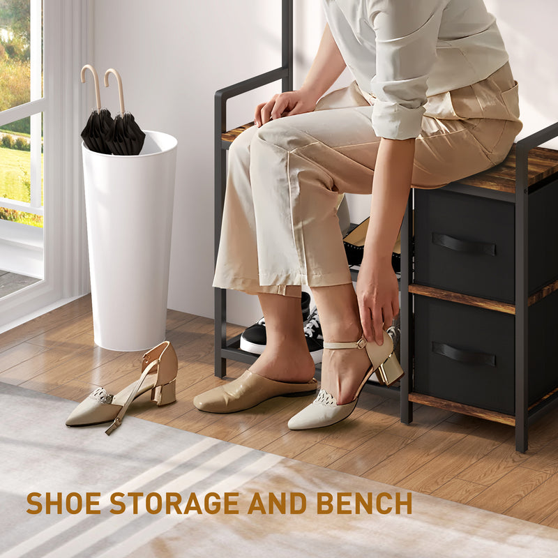 Industrial Style Hallway Coat Rack With Shoe Bench in Brown and Black by HOMCOM