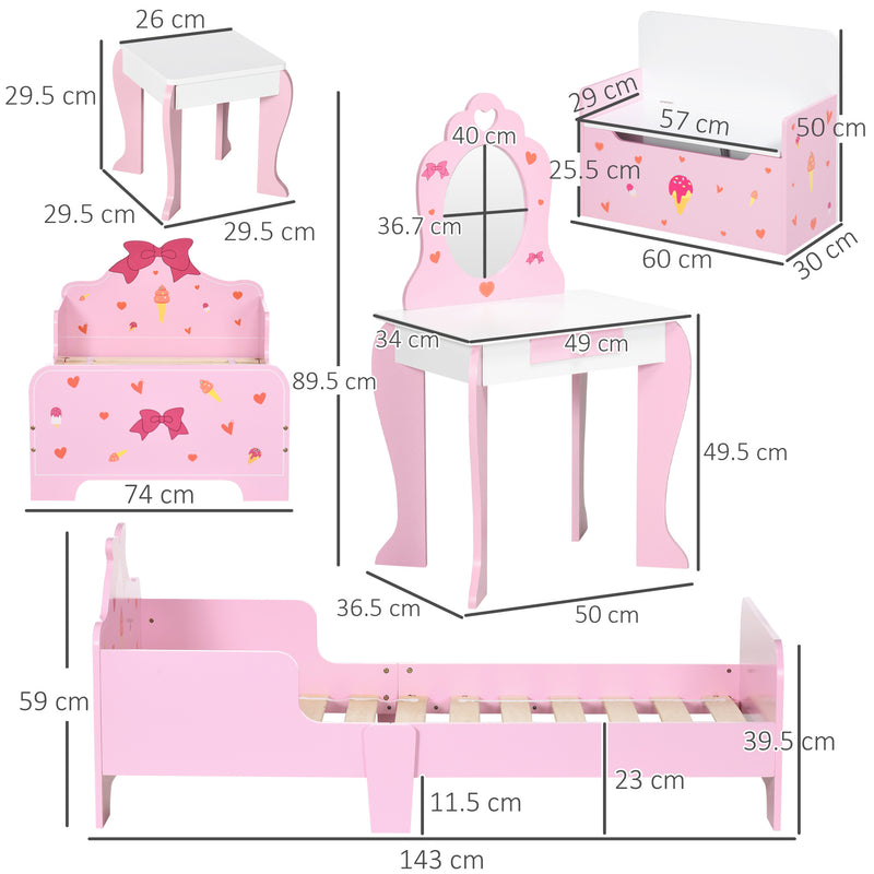 4 Piece Kids Bedroom Furniture Set with Bed Toy Box and Vanity for Ages 3 to 6 Pink AOSOM