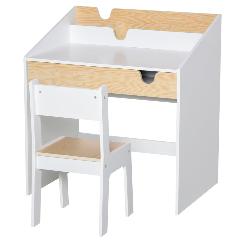 Kids Desk and Chair Set with Bookshelf and Drawer for Study and Play Ages 3 to 6, White