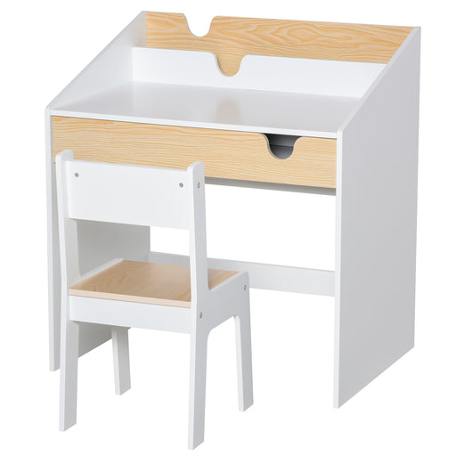 Kids Desk and Chair Set with Bookshelf and Drawer for Study and Play Ages 3 to 6, White