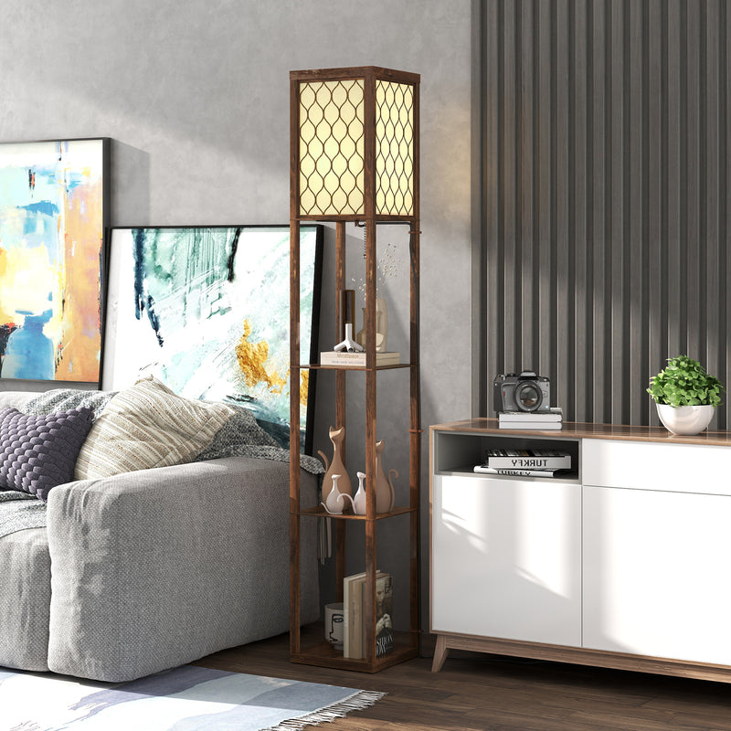 Standing Floor Lamp With Three Storage Shelves For Living Room Or Bedroom, Rustic Brown White AOSOM