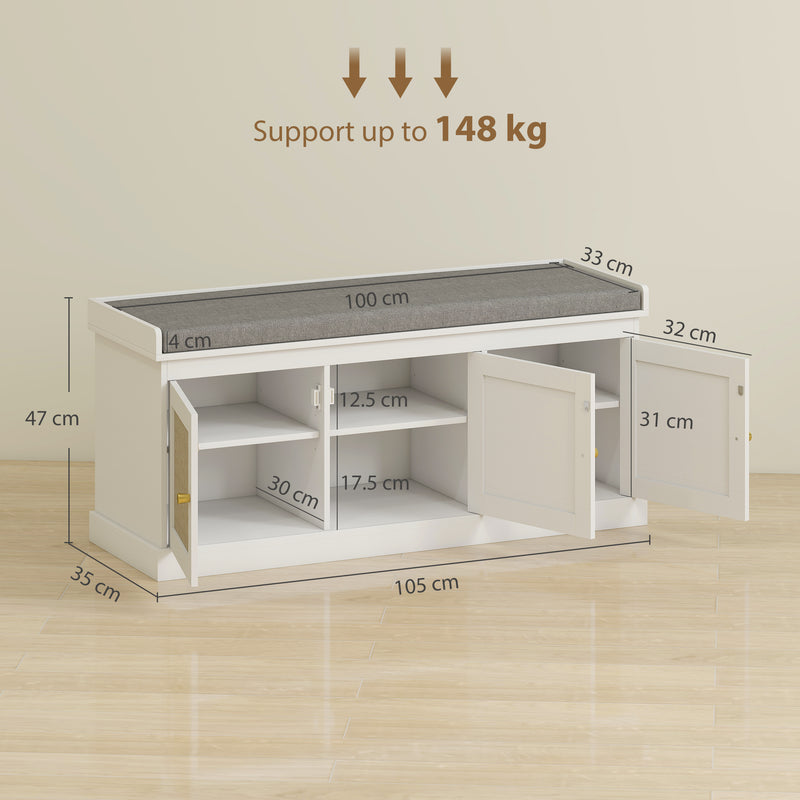 Shoe Storage Bench With Woven Rattan Doors And Padded Seat For Hallway, White, 105x35x47cm