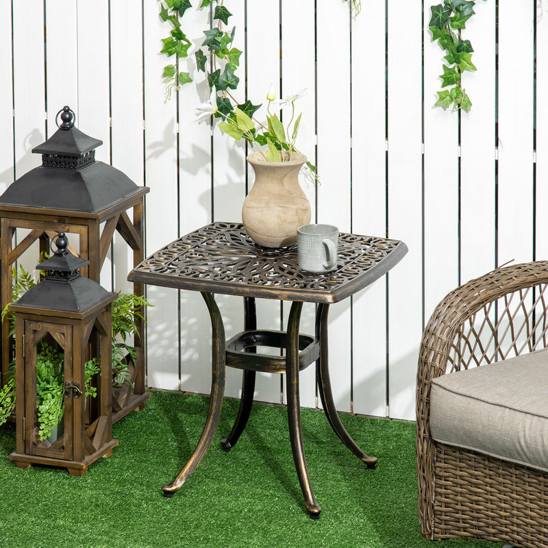 Bronze Cast Aluminium Square Garden Side Table With Umbrella Hole For Patio Or Balcony Use