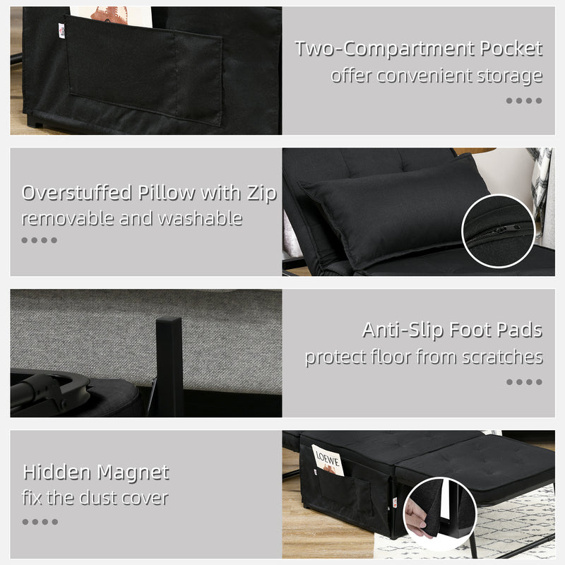 Folding Sleeper Chair Bed with Adjustable Backrest and Side Pockets for Lounge Use Black
