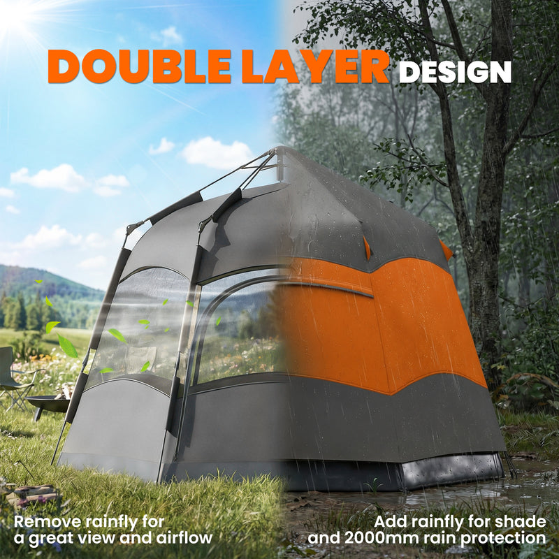 Pop Up 4 Person Tent for Quick Camping Shelter with Mesh Windows Orange and Dark Grey