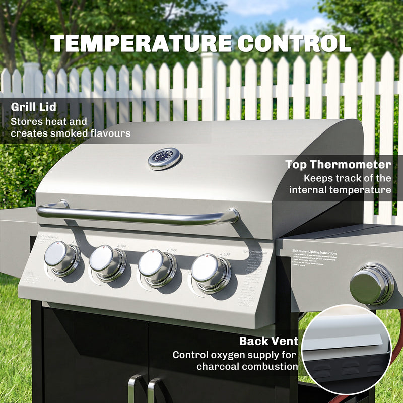 4 Burner Gas BBQ Grill with Side Burner and Warming Rack for Easy Outdoor Cooking Black Outsunny