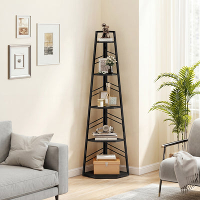 Corner Bookcase with Five Shelves for Space Saving Storage and Display Black AOSOM