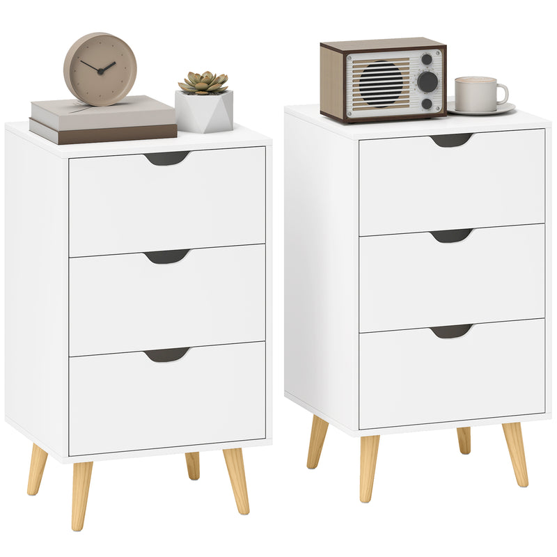 HOMCOM Set of 2 Bedside Tables, Modern Nightstand Side End Table with 3 Storage Drawers and Solid Pine Wood Legs for Bedroom Living Room Entryway, White AOSOM