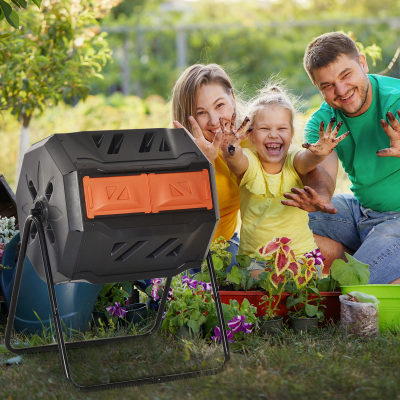 160L Dual Chamber Rotating Garden Composter in Orange by Outsunny