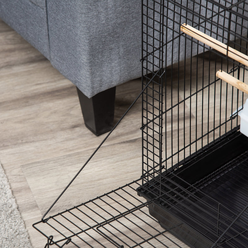 Tall Bird Cage With Open Top Stand and Feeding Bowls for Parakeets and Finches, Black