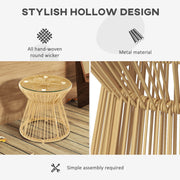 Round Rattan Side Table with Glass Top for Garden Patio and Balcony by Outsunny