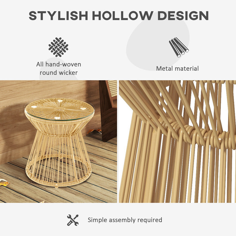 Round Rattan Side Table with Glass Top for Garden Patio and Balcony by Outsunny