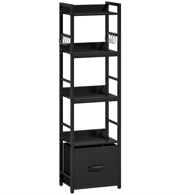 Slim Bookshelf with Drawer and Hooks for Small Spaces and Organised Storage Black AOSOM