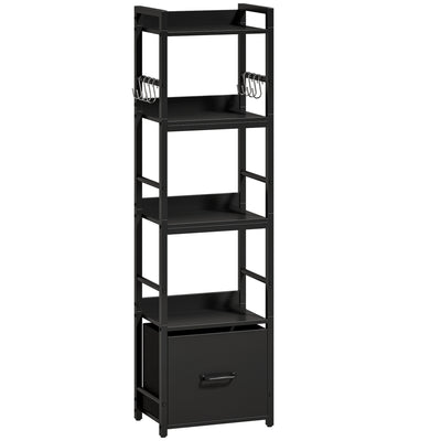 Slim Bookshelf with Drawer and Hooks for Small Spaces and Organised Storage Black AOSOM