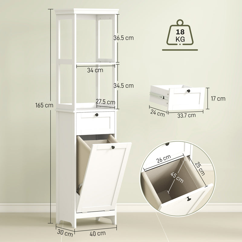Tall White Bathroom Storage Cabinet With Tilt Out Laundry Basket For Organised Bathrooms