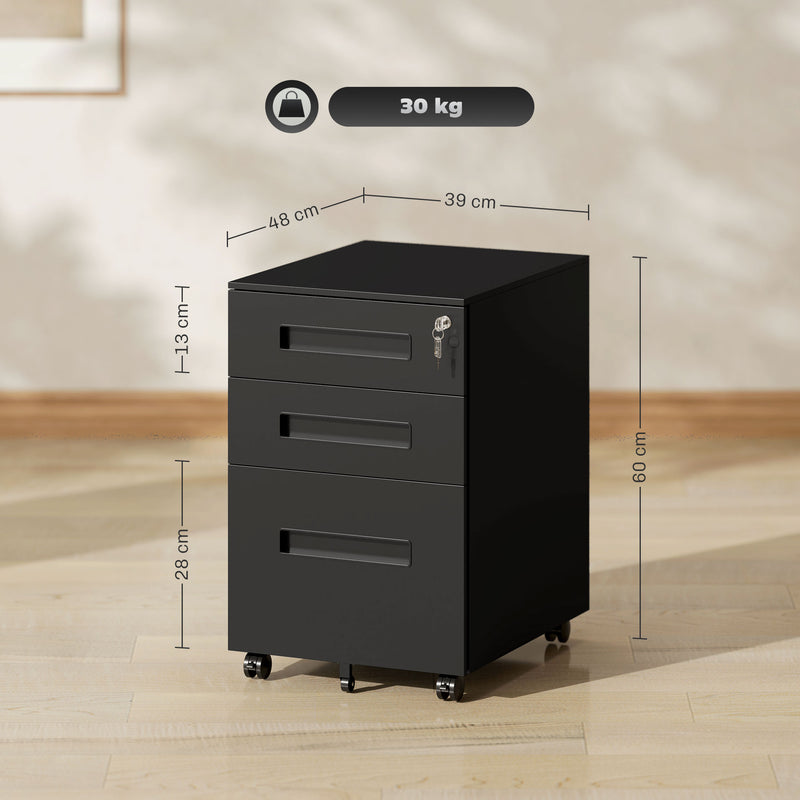 Black Metal Mobile File Cabinet with Lockable Drawers and Wheels for Home Office by Vinsetto