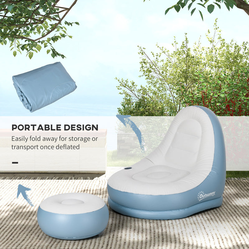 Inflatable Chair and Footstool Set for Quick Extra Seating Indoors or Outdoors White and Blue