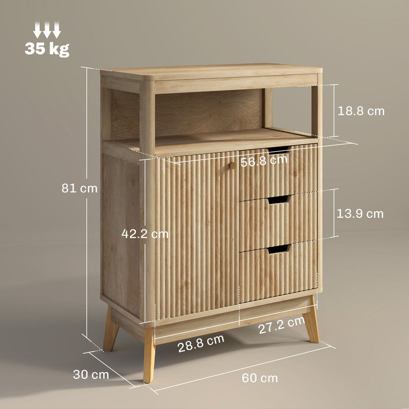 Small Wooden Sideboard with Drawers and Adjustable Shelf in Natural Finish