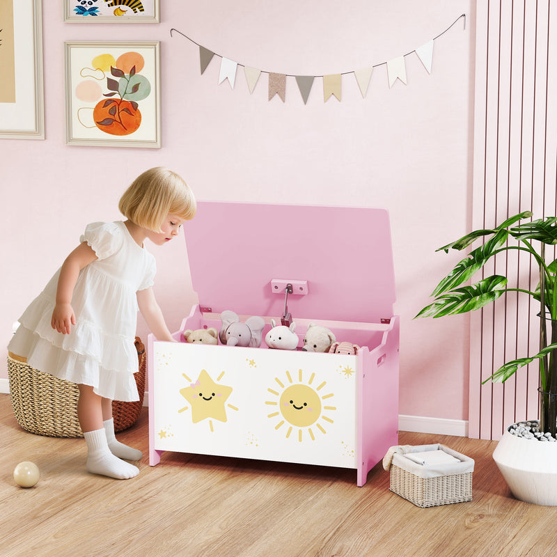 Kids Wooden Toy Storage Box with Safety Hinges and Handles for Playroom or Bedroom Pink 60x37x39 cm