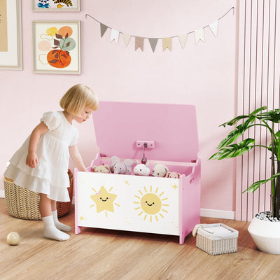 Kids Wooden Toy Storage Box with Safety Hinges and Handles for Playroom or Bedroom Pink 60x37x39 cm