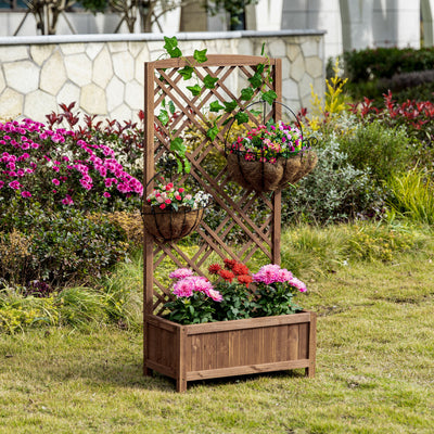 Wooden Raised Garden Planter With Trellis For Climbing Plants And Herbs Brown Outsunny