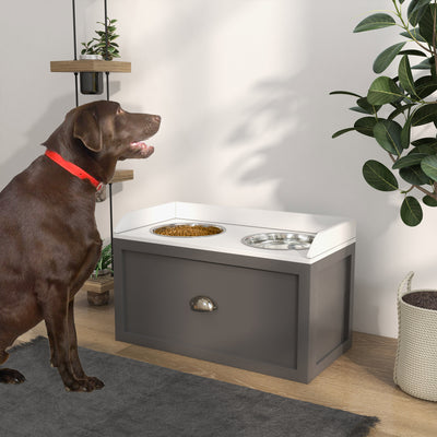 Stainless Steel Raised Dog Bowls With Storage Drawer For Large Breeds, Grey