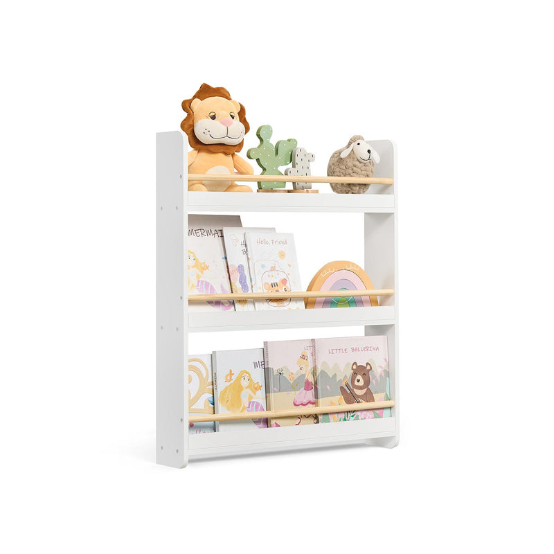 White and Natural 3 Tier Wall Mounted Kids Bookshelf Space Saving Bookcase by Songmics