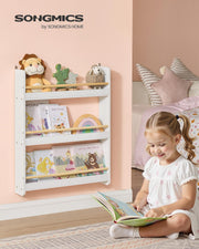 White and Natural 3 Tier Wall Mounted Kids Bookshelf Space Saving Bookcase by Songmics